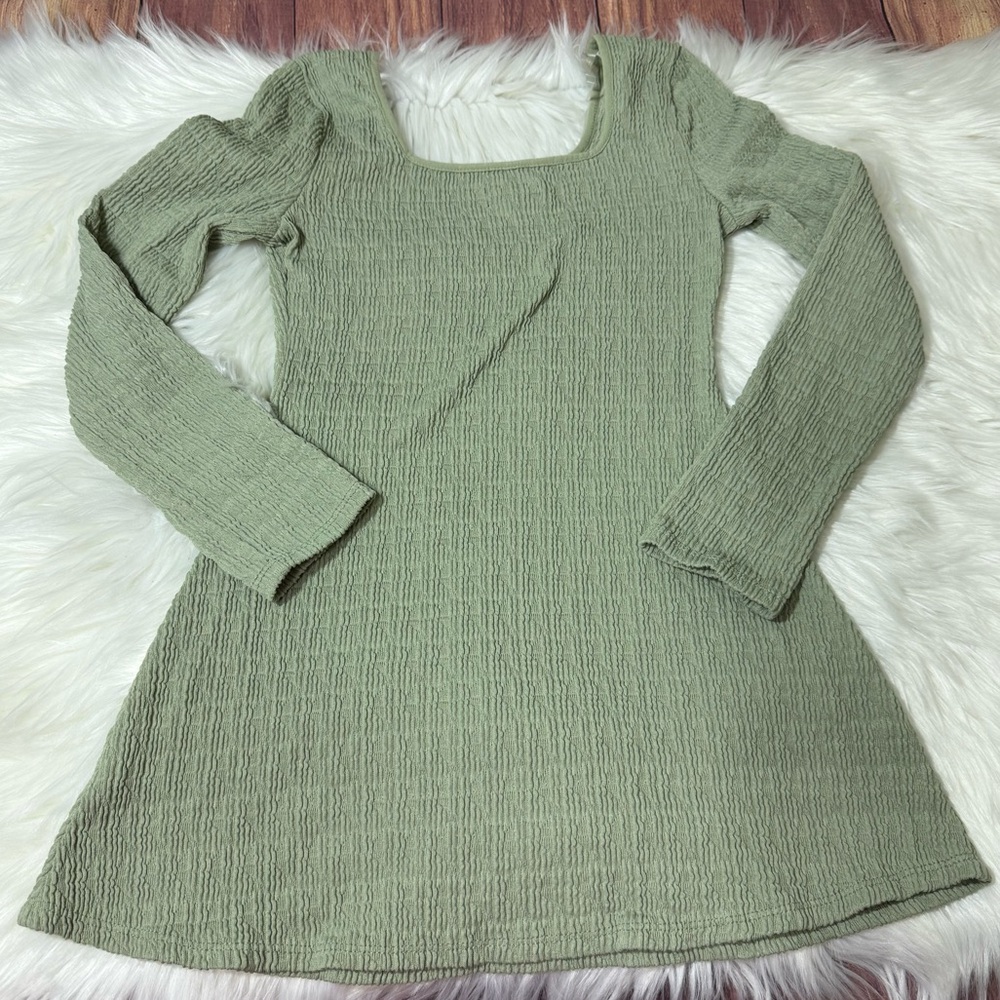 Art Class Sage Green Ribbed Long Sleeve Square Neck Dress| Girls Size S (6/7) - Picture 12 of 14